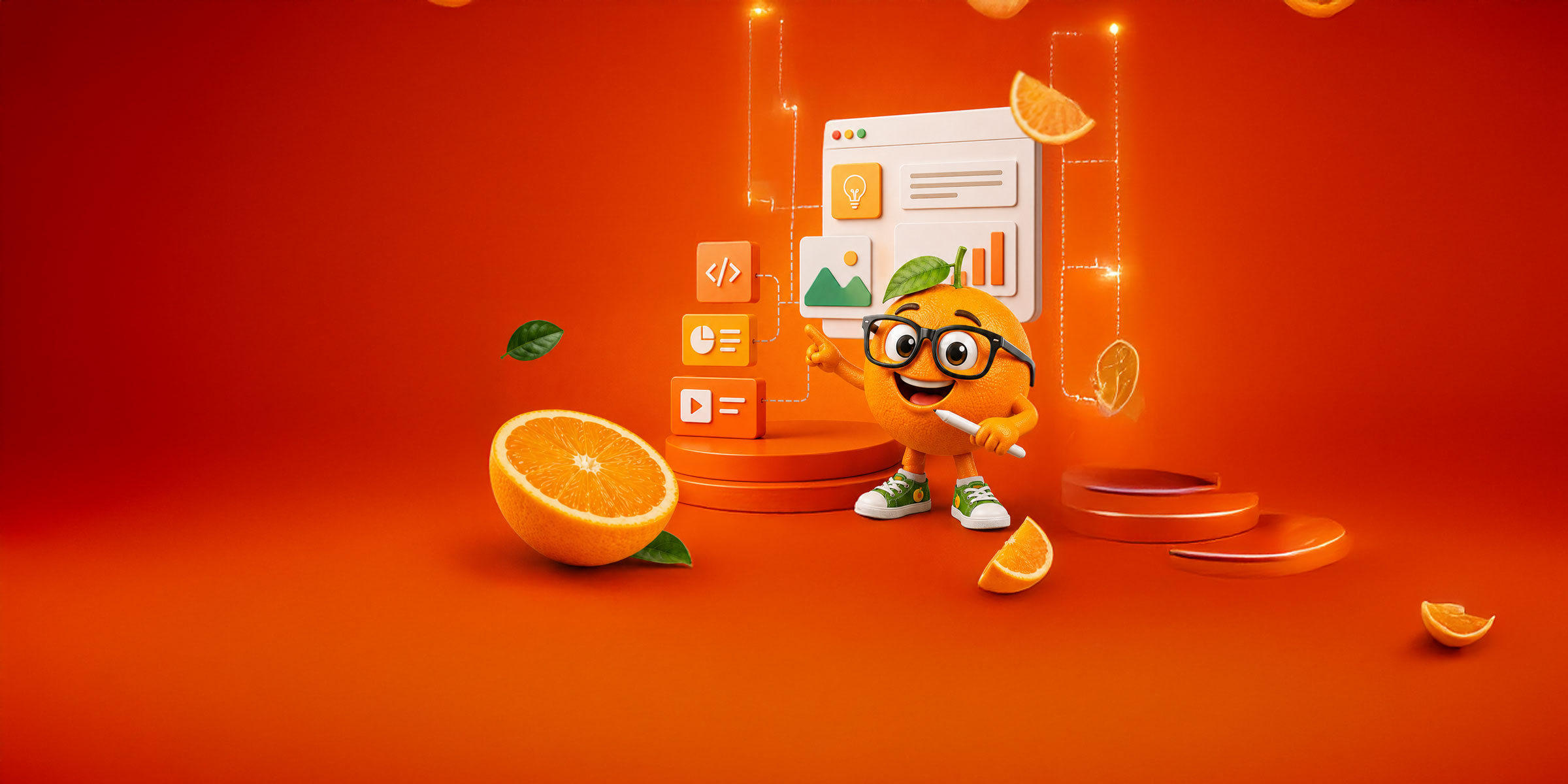 Mascote da Laranja Lima apresentando ideias de comunicação digital