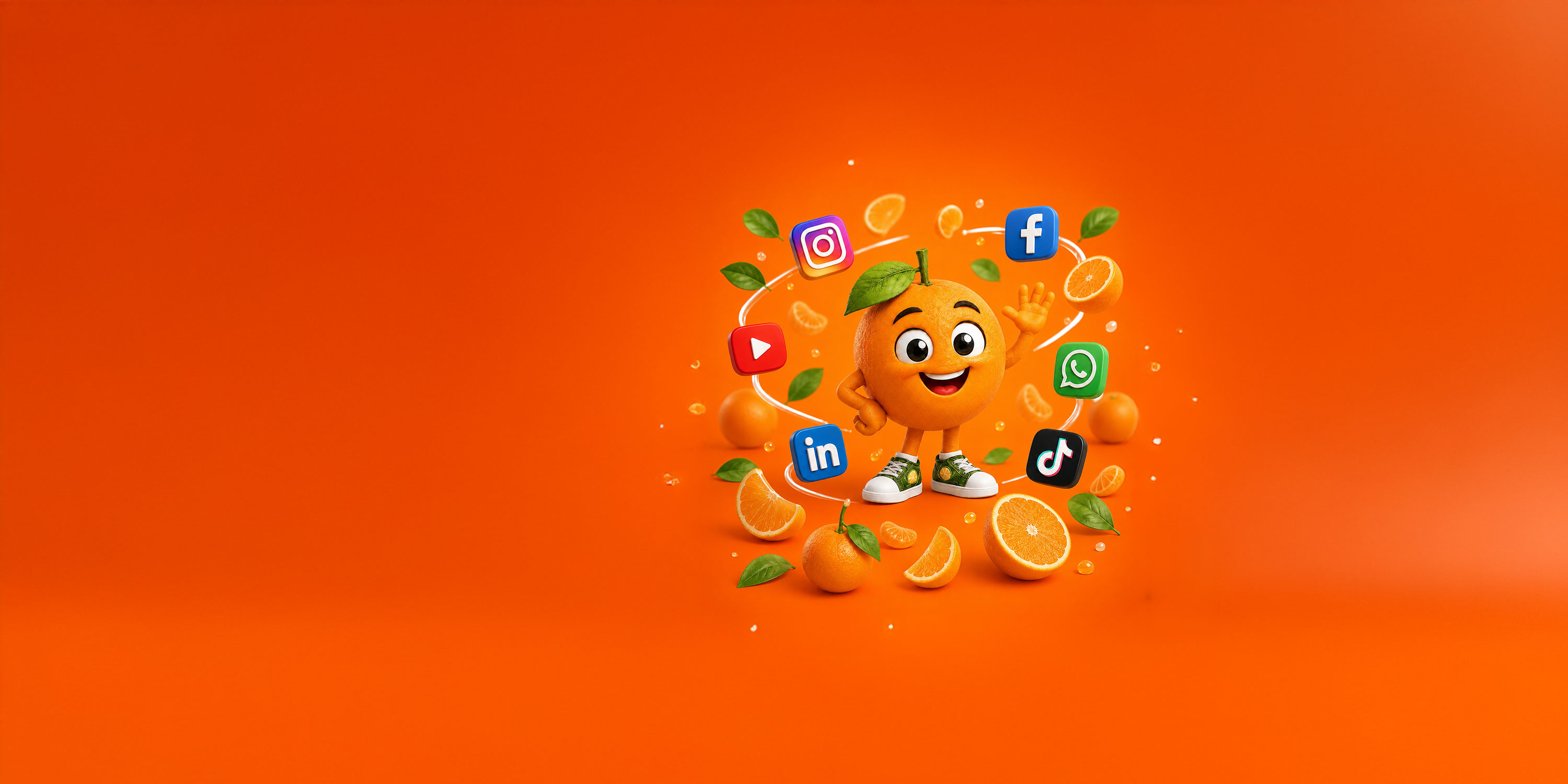 Mascote da Laranja Lima rodeado pelos ícones das redes sociais