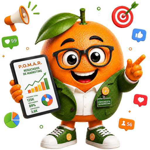 Mascote Laranja Lima, especialista em marketing, com um tablet mostrando os resultados do Método POMAR