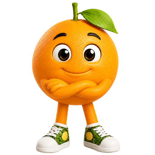 Mascote Laranja Lima de braços cruzados, transmitindo segurança e confiança