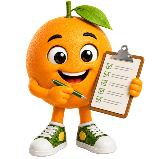 Mascote Laranja Lima segurando uma prancheta com itens marcados
